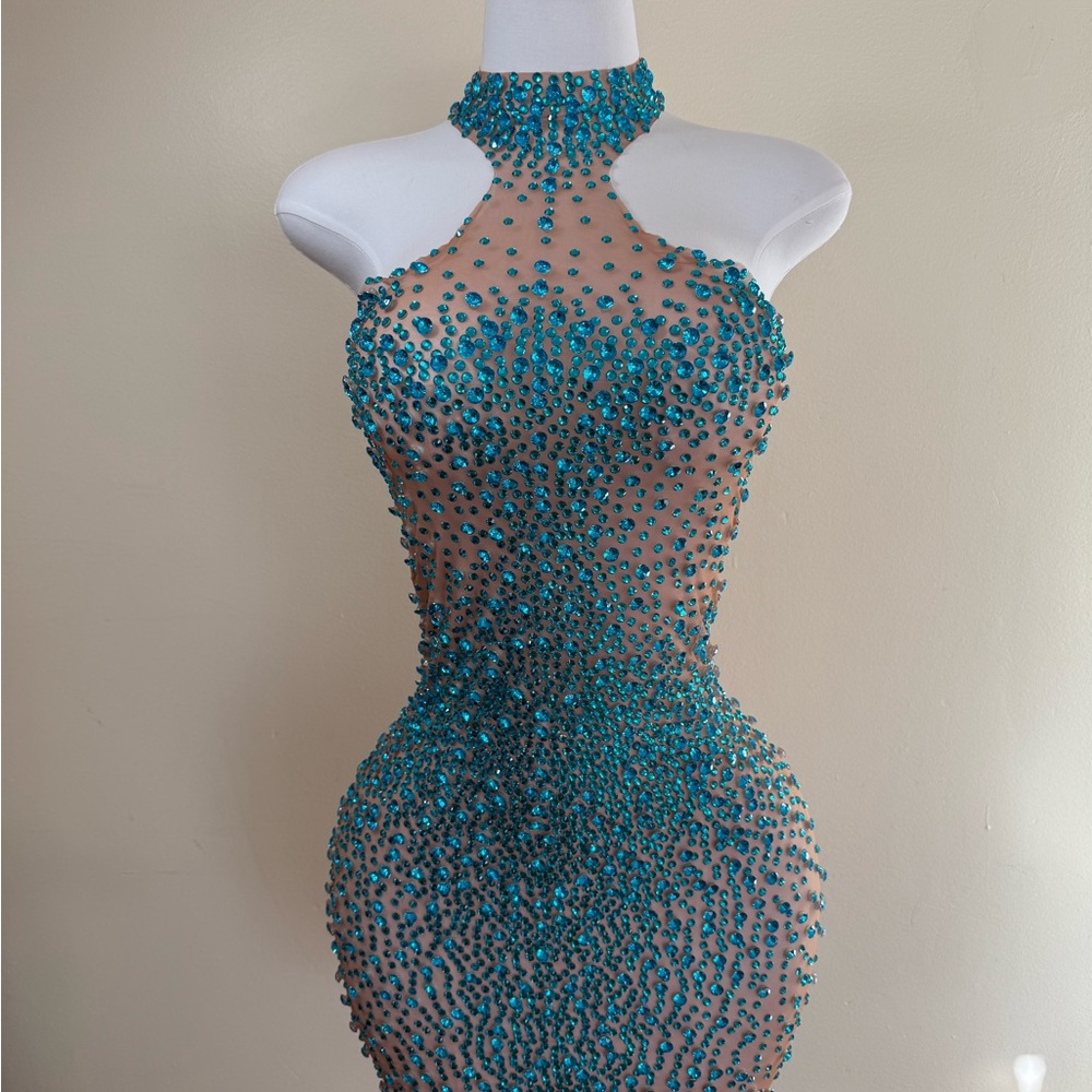 Teal Beaded Backless Women's Dress